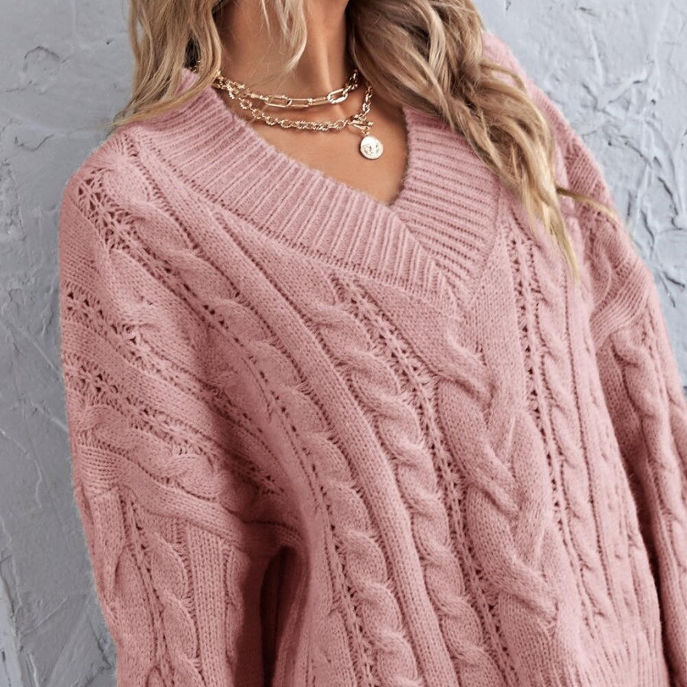 V neck Chunky Knit Cable Oversized Sweater Khaki - Picture 12 of 14